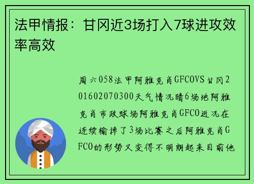 法甲情报：甘冈近3场打入7球进攻效率高效