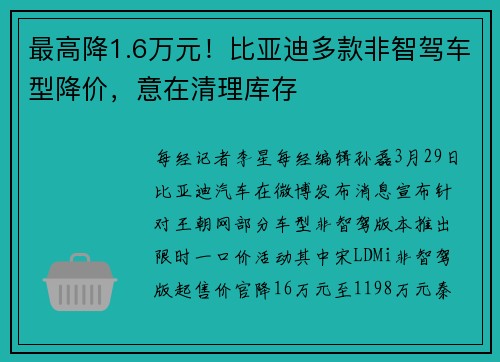 最高降1.6万元！比亚迪多款非智驾车型降价，意在清理库存